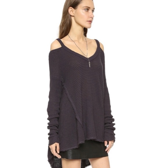 Free People Moonshine Dark Gray V-Neck Cold Shoulder A-Line Knit Sweater - M / L - Picture 15 of 15